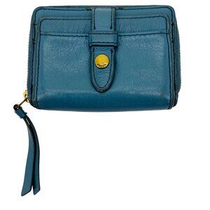 Fossil Teal Leather Compact Wallet With Snap Pocket & Zippered Closure